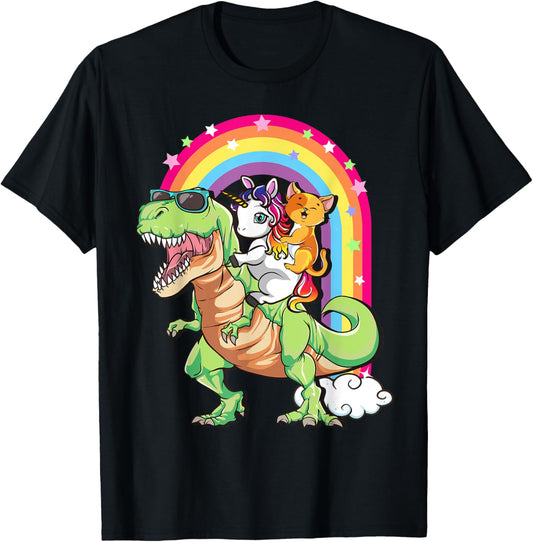 Cute Cat Unicorn Riding T Rex Dinosaur Kids Teens Toddlers T-Shirt