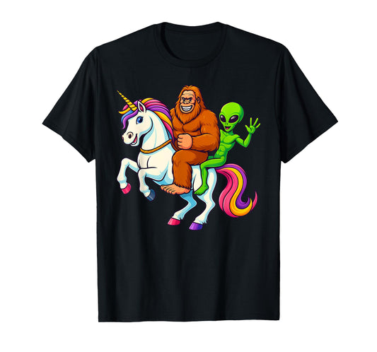 Funny Bigfoot Alien Unicorn Sasquatch & Alien Riding Unicorn T-Shirt