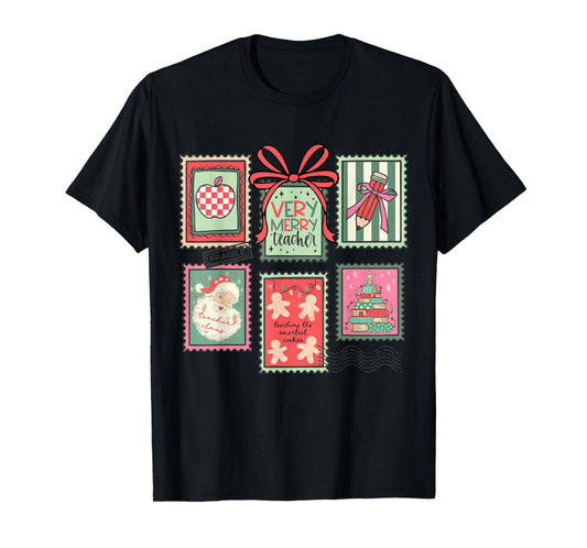 Vintage Preppy Very Merry Teacher Santa Stamps Christmas T-Shirt