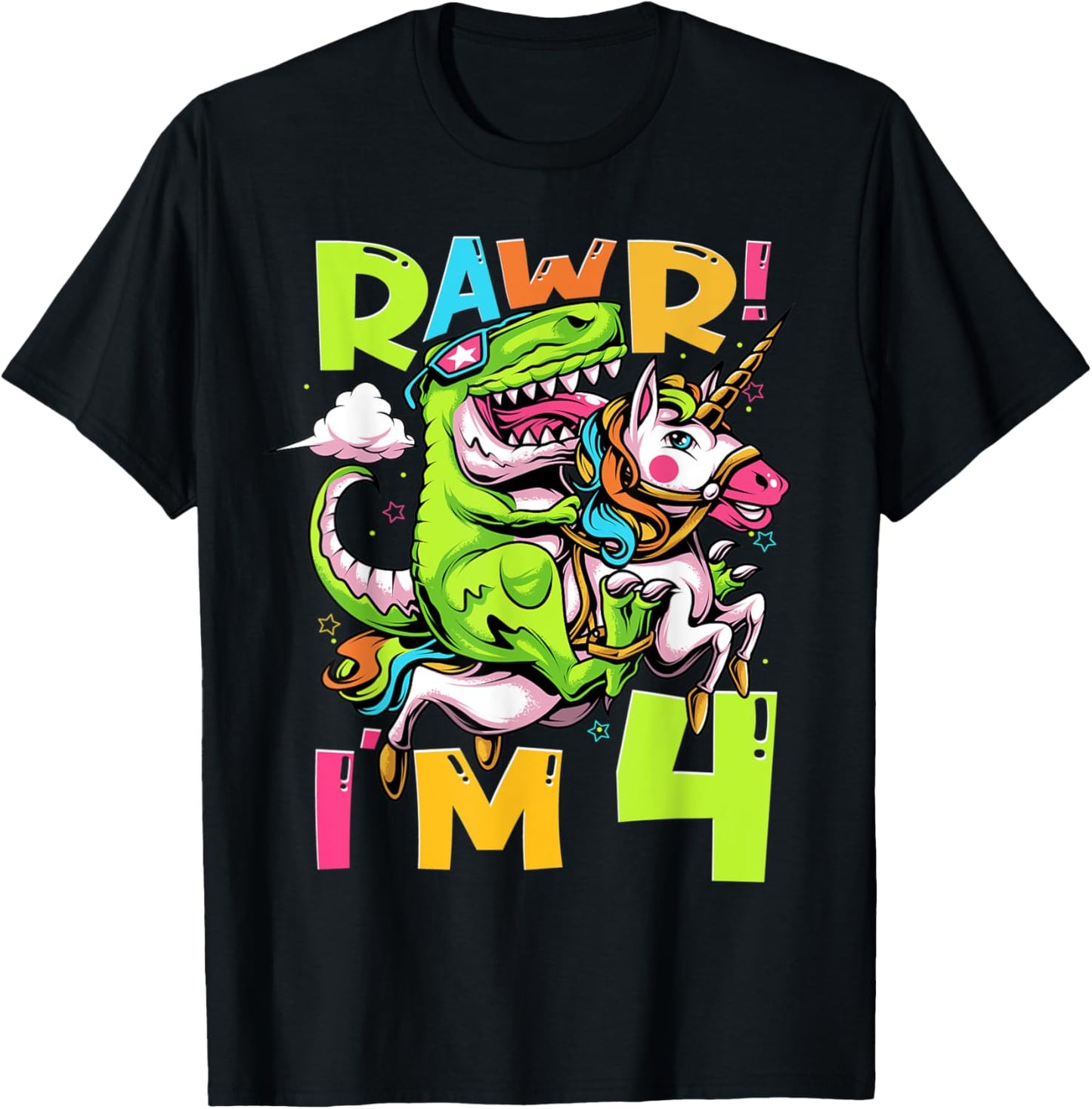 Rawr I'm 4 Kids 4 Years Old 4th Birthday Dinosaur Unicorn T-Shirt