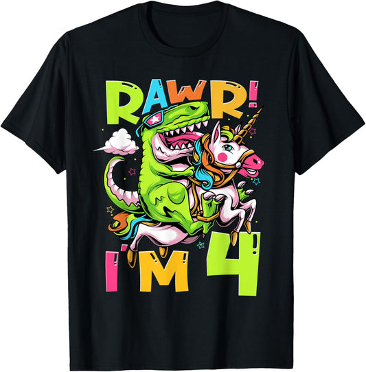 Rawr I'm 4 Kids 4 Years Old 4th Birthday Dinosaur Unicorn T-Shirt