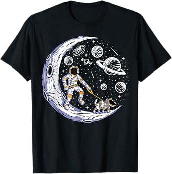Astronaut Walking A Dog On The Moon In Space T-Shirt