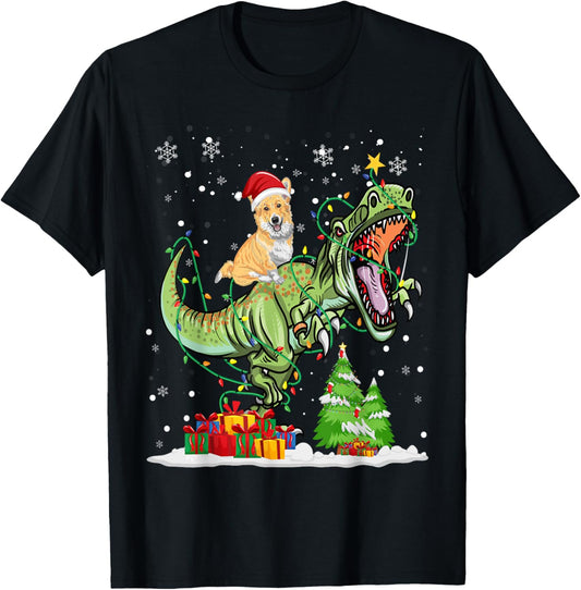 T-Rex Dinosaur Riding Corgi Christmas Santa Hat T-Shirt