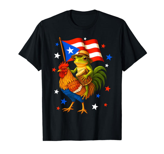 Coqui Frog Riding Chicken & Drum Boricua Flag Puerto Rico T-Shirt