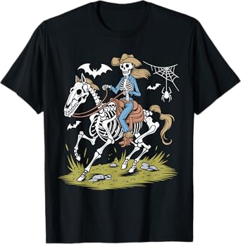 Funny Cowgirl Skeleton Riding Horse Spooky Halloween Western T-Shirt