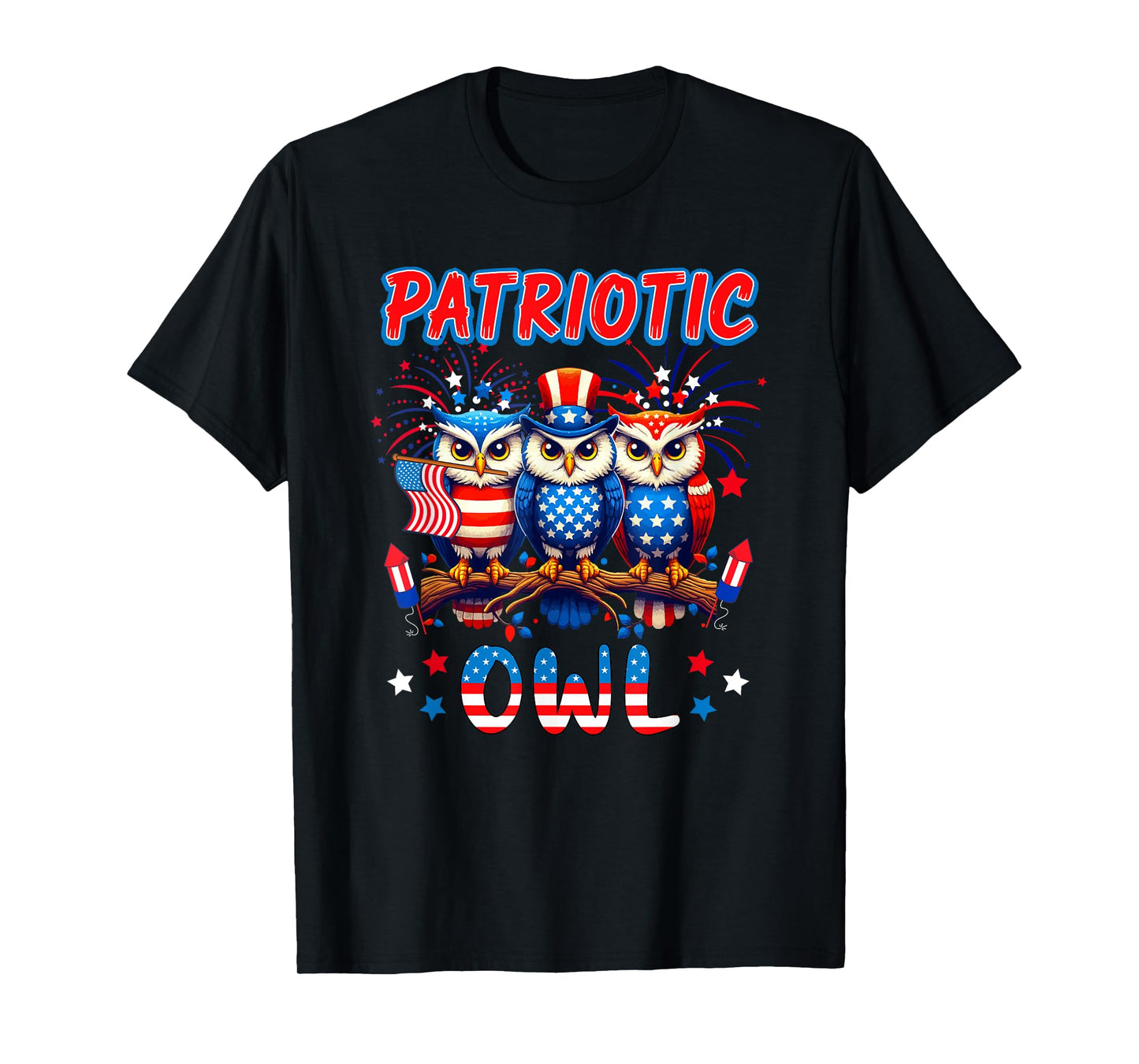 Patriotic Owl Three Cute Birds 4th Of July US Flag T-Shirt