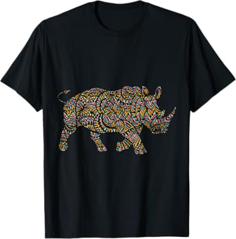 Rhino Shirts Colorful Rhino T-Shirt - Women, Girls - Black - Small - Short Sleeve - Classic Fit - Animal Print - Casual