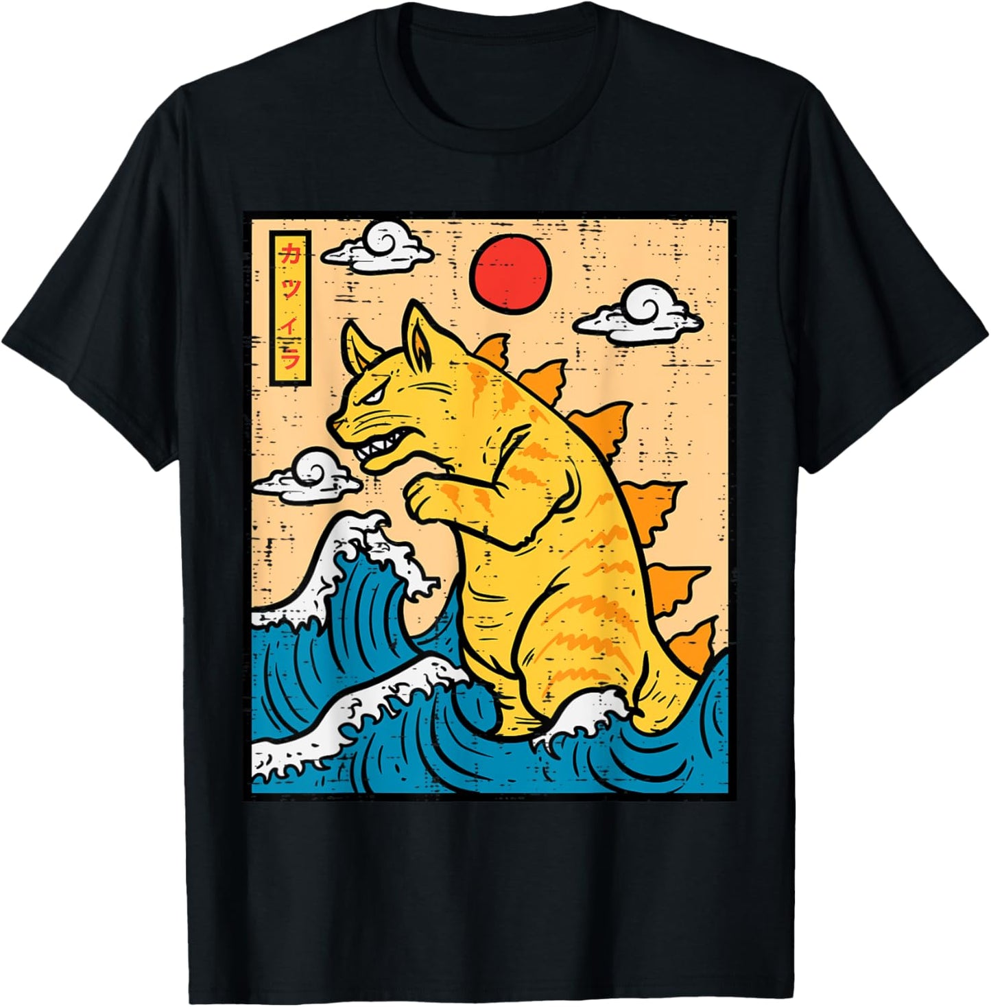 Cat Catzilla Funny Japanese Wave Art Men Women Kids T-Shirt