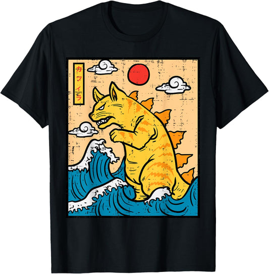 Cat Catzilla Funny Japanese Wave Art Men Women Kids T-Shirt