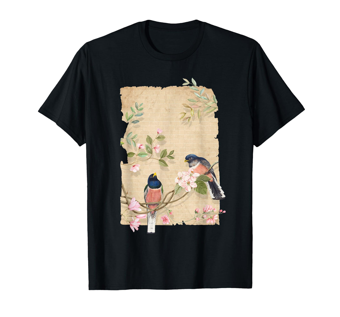 Bird and Flowers Art Japanese Woodblock Inspired Birds T-Shirt