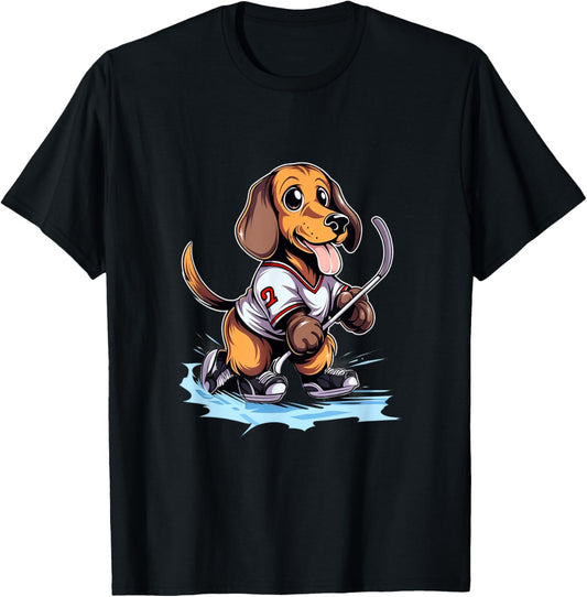 Dachshund Ice Hockey Player Dog Hockey Stick Goalie T-Shirt