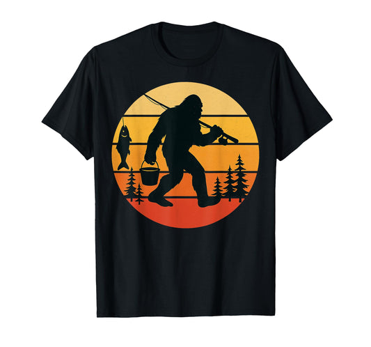 Retro Bigfoot Sasquatch Fishing Funny Gifts Dad Men Boy Kids T-Shirt
