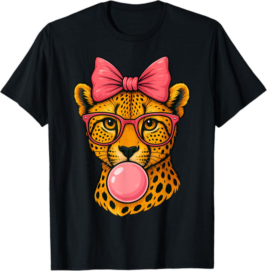 Cute Cheetah Wearing Glasses & Blowing Pink Bubble Gum T-Shirt