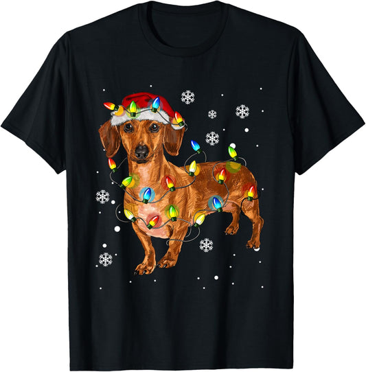 Cute Dachshund Dog Santa Christmas Tree Lights Pajama Xmas T-Shirt