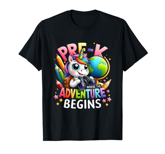 Cute Unicorn School Teacher Pre-K Where The Adventure Begins T-Shirt for Men Women Kids