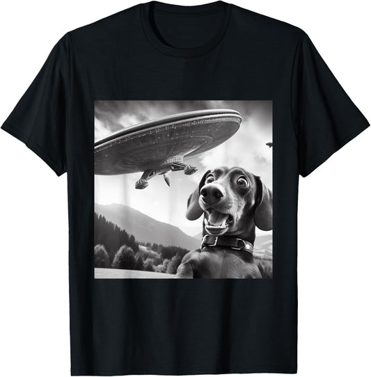 Wiener Dog Selfie With UFOs - Funny Flying Alien Dachshund T-Shirt