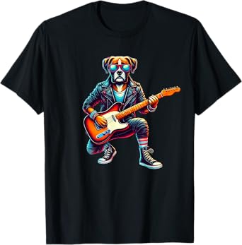 Boxer Electric Guitar Funny Dog Rock Band Musician Music Pet T-Shirt for Men Women Kids