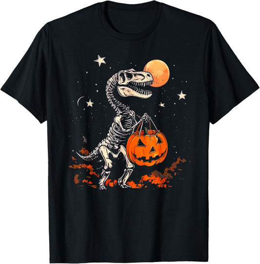 Halloween Boys Dinosaur Skeleton T rex Scary Pumpkin Moon T-Shirt