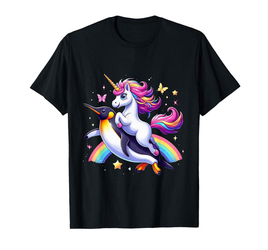 Unicorn Riding Penguin Boys Girls Men Women Kids Rainbow T-Shirt