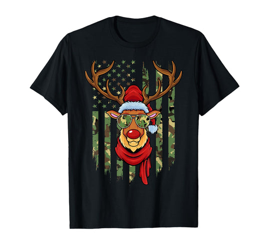 Patriotic Reindeer Camo American Flag Veteran Christmas T-Shirt