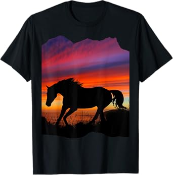 Beautiful Arabian horse sunset silhouette orange purple blue T-Shirt
