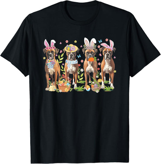 Easter Boxer Bunnies Floral Boxer Dogs Easter Day T-Shirt
