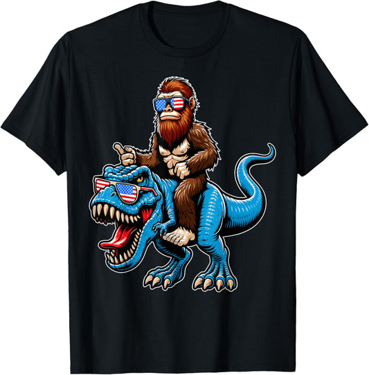 Bigfoot Riding T-Rex Dinosaur Sasquatch 4th of July USA Flag T-Shirt for Women Men