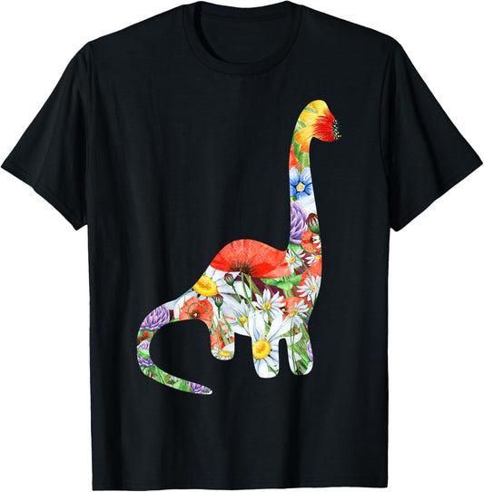 Dinosaur Shaped Floral Graphic Flower Pattern Dino T-Shirt