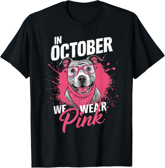 In October We Wear Pink Breast Cancer Awareness Pitbull Dog T-Shirt