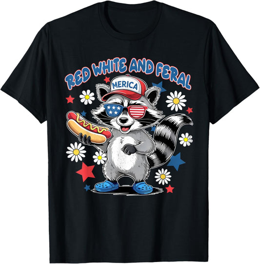 Red White And Feral Funny Raccoon Hot Dog 4th Of July T-Shirt