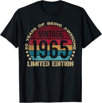 Retro Birthday Shirts For Men and Women 2025 HH 60 Year Old Gifts Vintage 1965 Limited Edition 60th Birthday T-Shirt Unisex Adults Black Short Sleeve T-Shirt Small
