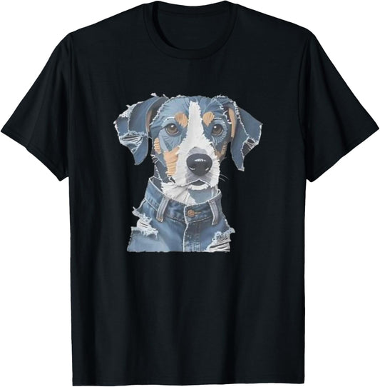 dog pattern denim patchwork art men women funny tee T-Shirt