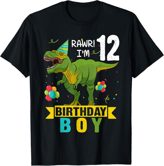 12 Year Old Shirt 12th Birthday Boy T Rex Dinosaur T-Shirt