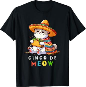 Cinco De Meow with Smiling Cat Taco and Sombrero Men Women Kids T-Shirt