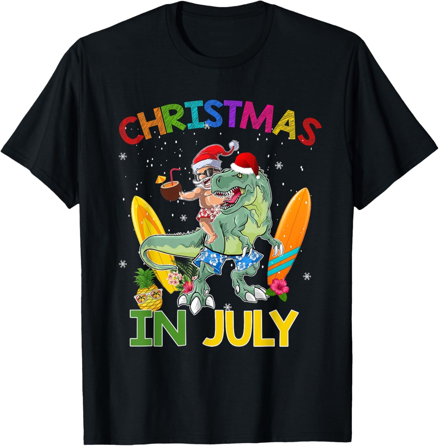Funny Santa Riding T-Rex Dinosaur Christmas In July Beach T-Shirt