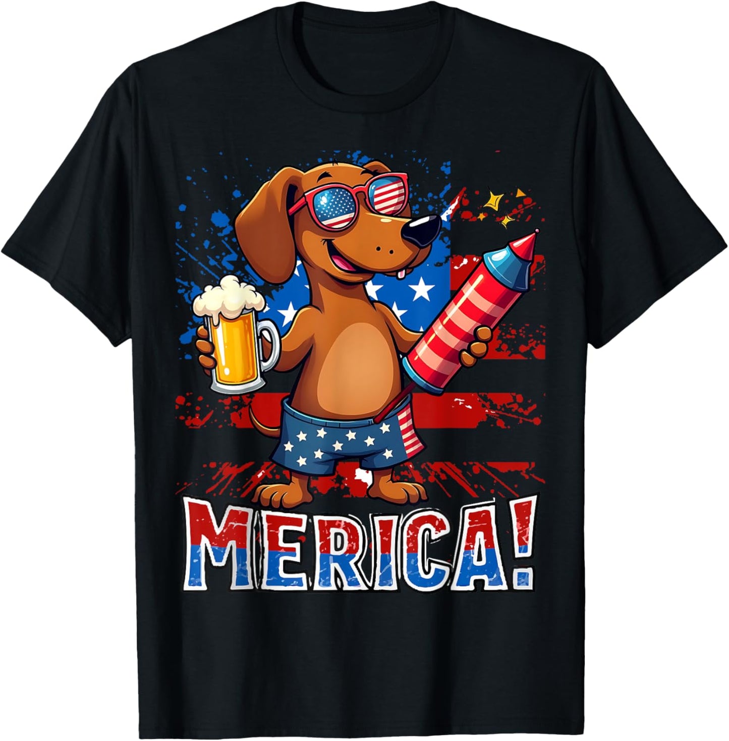 Drunk Dachshund Merica Firework Beer Patriotic 4th of July T-Shirt