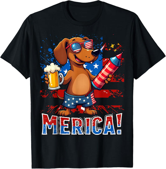 Drunk Dachshund Merica Firework Beer Patriotic 4th of July T-Shirt