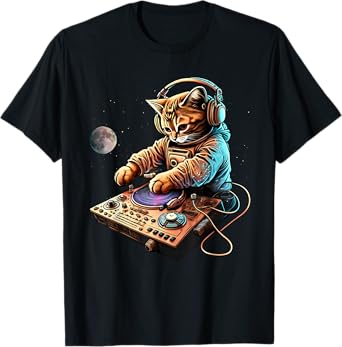 DJ Cat, Cute Space Cat Disc Jockey Cat in Astronaut Suit T-Shirt