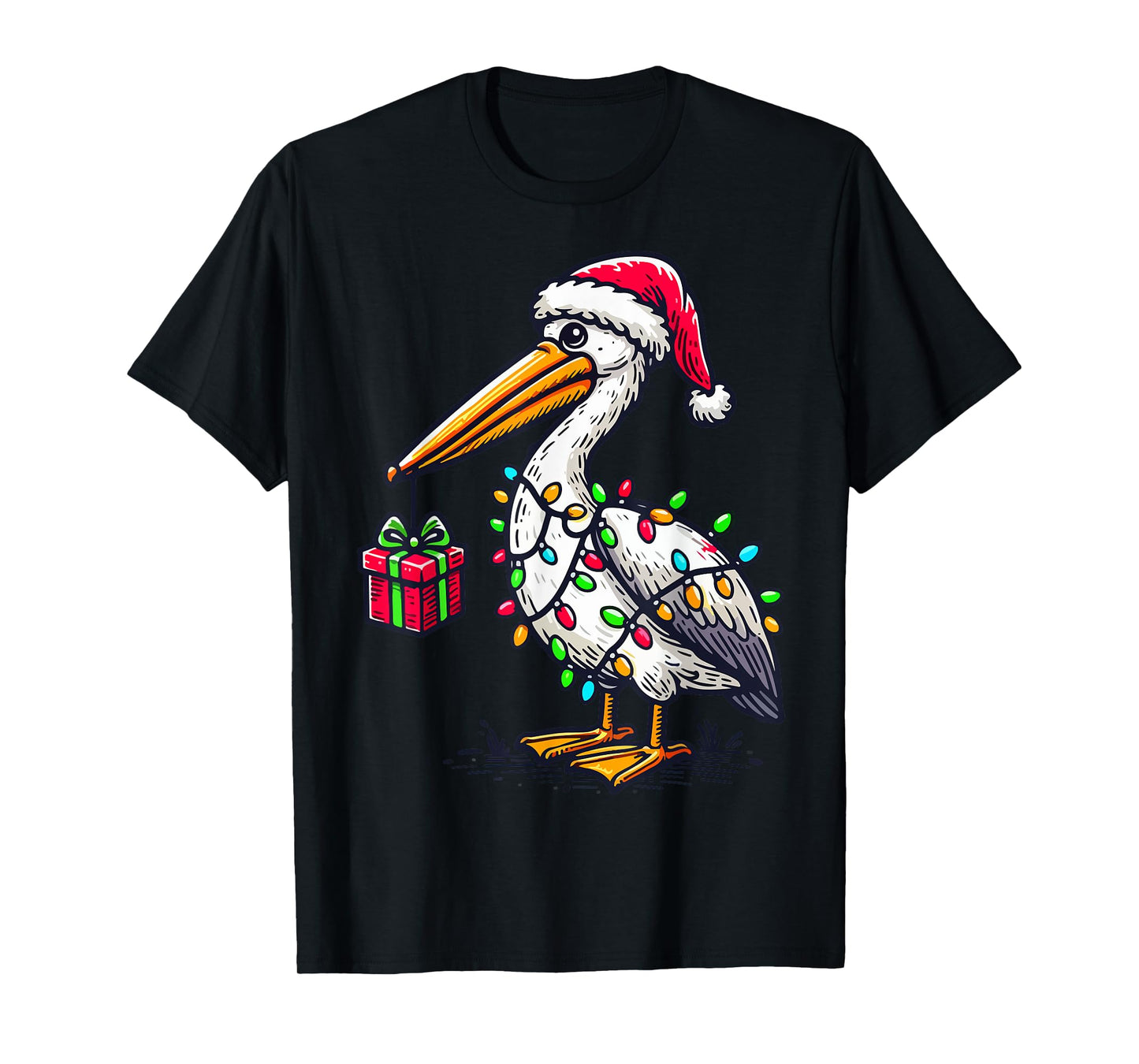 Pelican Bird Wearing Santa Hat, Holding A Present Box Xmas T-Shirt