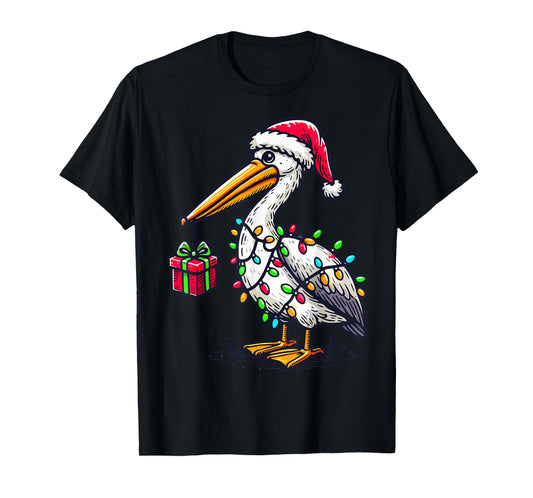 Pelican Bird Wearing Santa Hat, Holding A Present Box Xmas T-Shirt