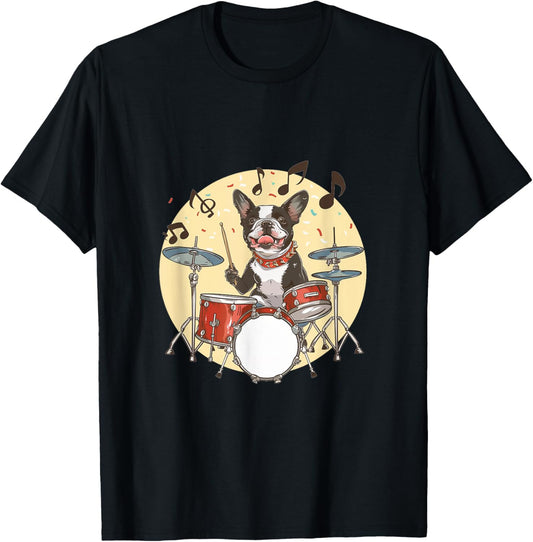 Boston Terrier Dog Playing The Drums Musician Dog Rock Band T-Shirt