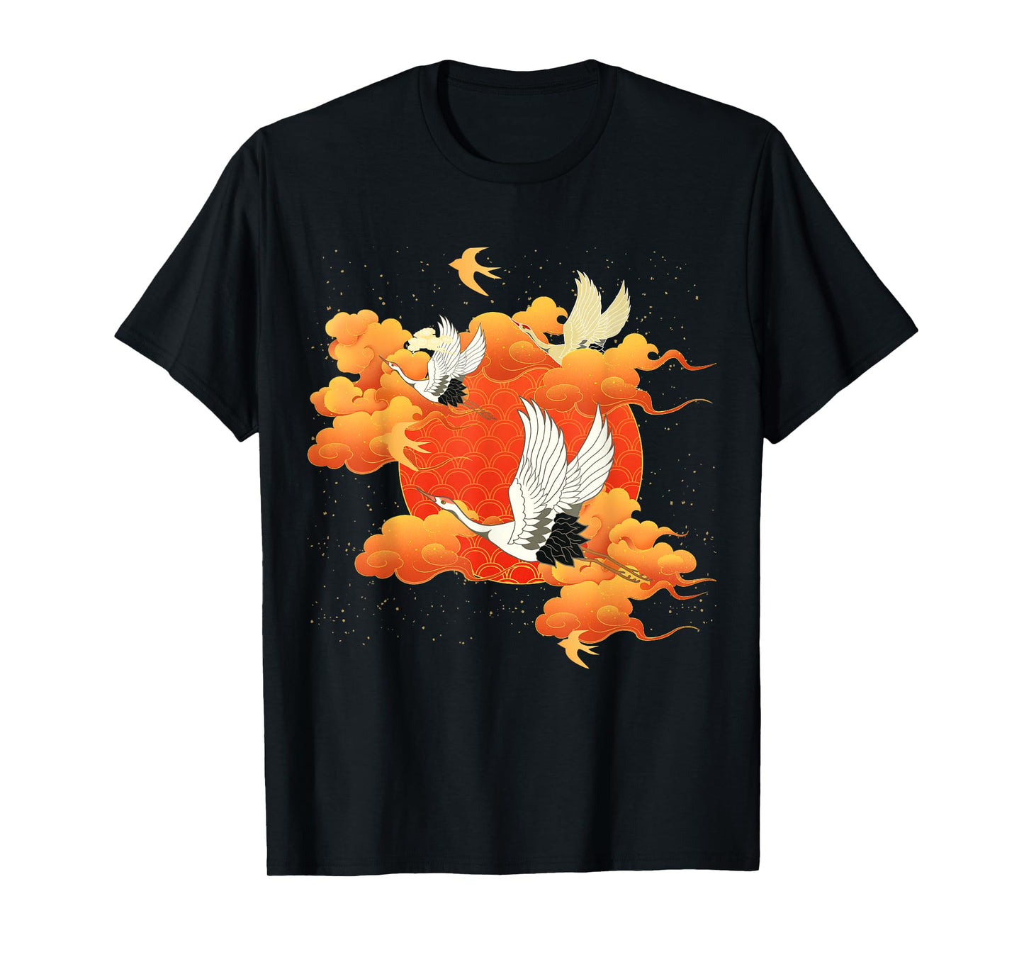 Flying Crane Bird Red Clouds and Sun Japanese Chinese Art T-Shirt