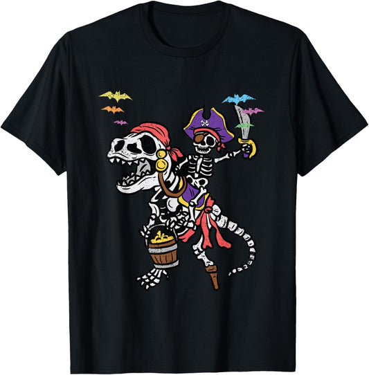 Skeleton Pirate Riding T-Rex Halloween Costume Dinosaur Boys T-Shirt