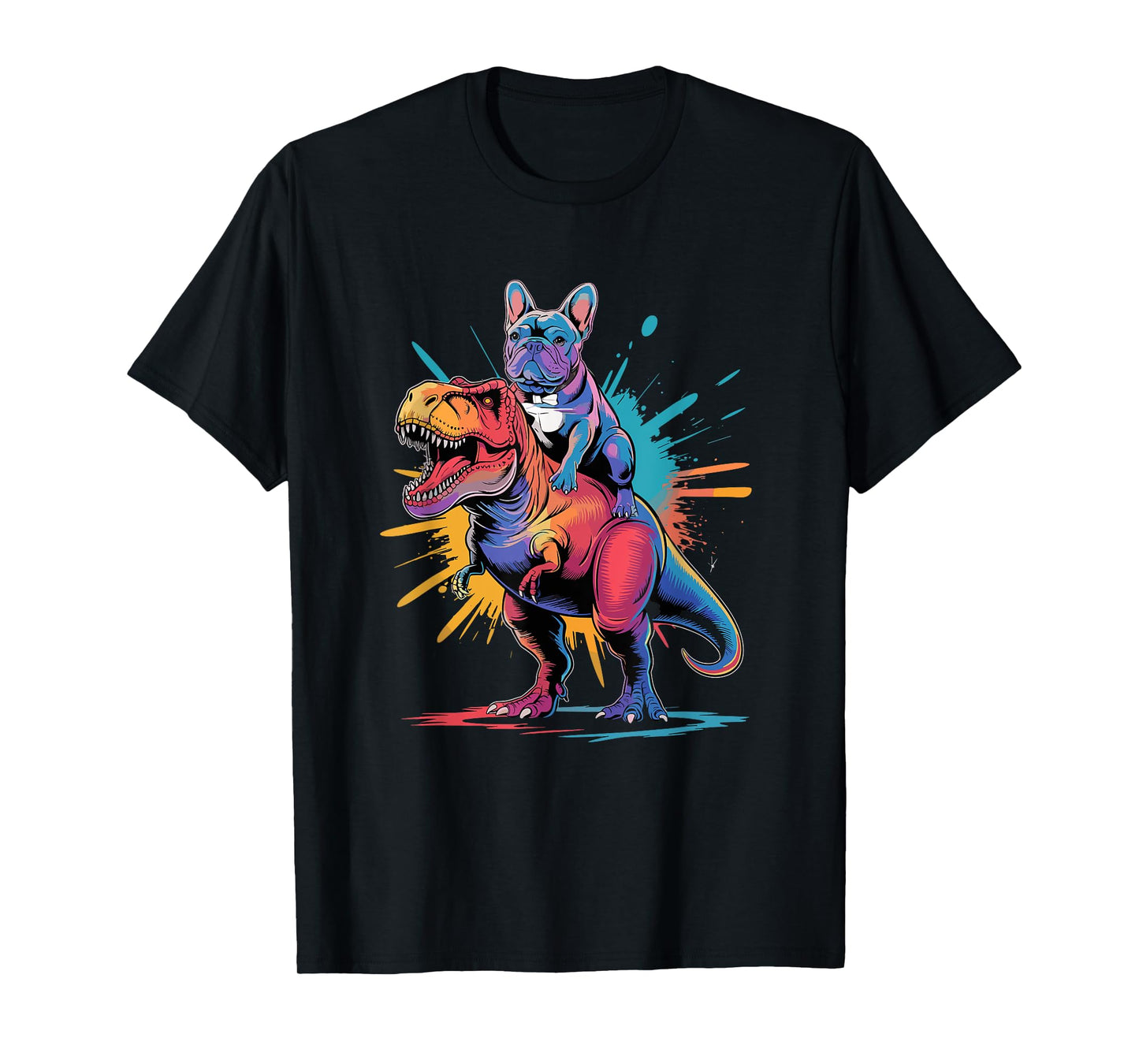 French Bulldog Riding Dinosaur Art Fun T-Shirt
