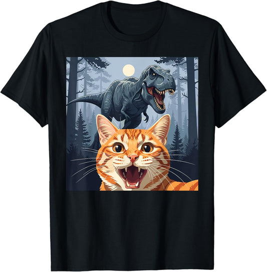 Cat Taking Selfie with Roaring T-Rex Dinosaur Humor Graphic T-Shirt