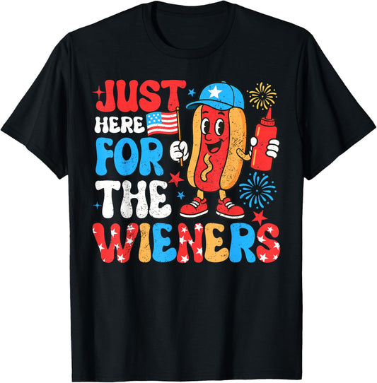 Retro Just Here For The Wieners 4th of July Funny Hot Dog T-Shirt