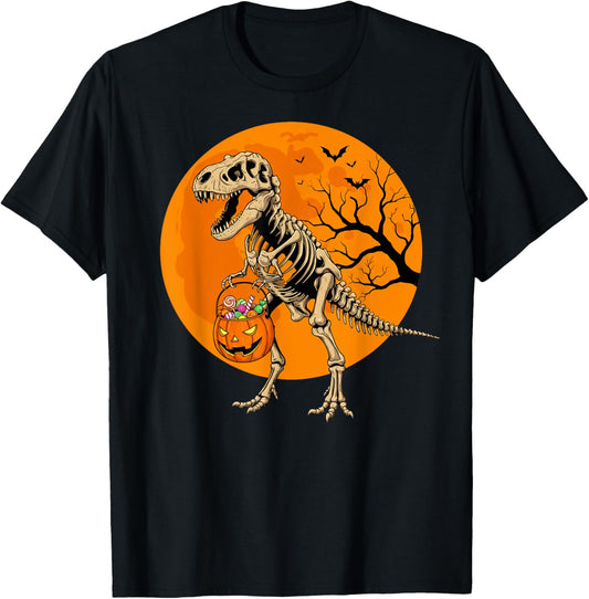 Halloween Boys Dinosaur Skeleton T-rex Scary Pumpkin Moon T-Shirt