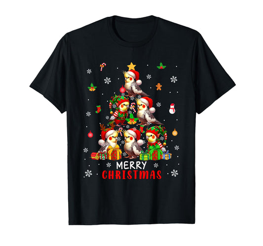 Merry Christmas Group Santa Elf Cockatiels As Xmas Tree Bird T-Shirt