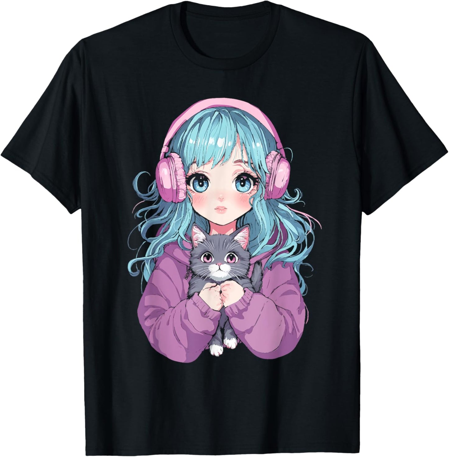 Anime Girl Cat Japanese Kawaii Teens Girls T-Shirt