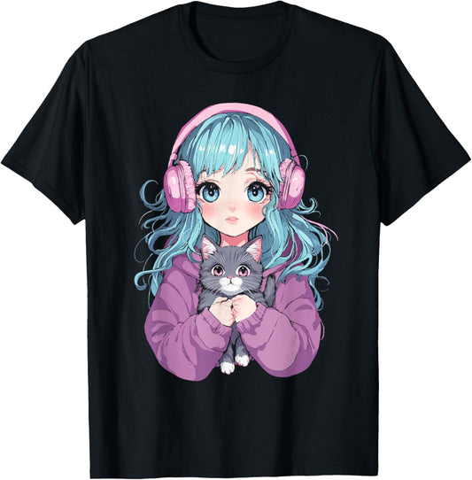 Anime Girl Cat Japanese Kawaii Teens Girls T-Shirt